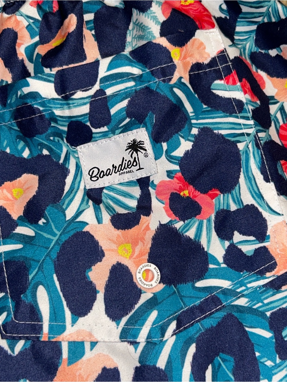 Mens Floral Print Drawstring Swim Shorts - Navy, Teal & Pink - Picture 2 of 4